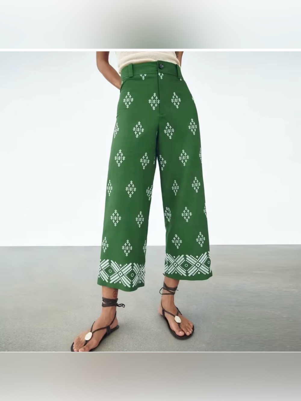Zara Green Printed Cropped Wide-Leg Pants